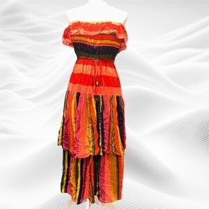 FARM Rio Strapless Tiered  Midi‎ Dress Small Red Pink Blue Green Tropical